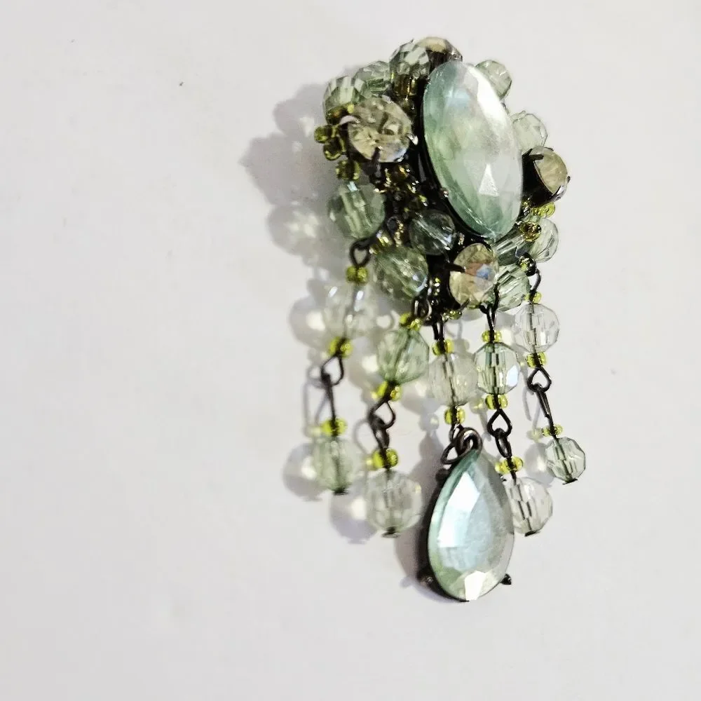 Vintage Victorian Revival Green Rhinestone Beaded Dangle Teardrop Brooch Pin